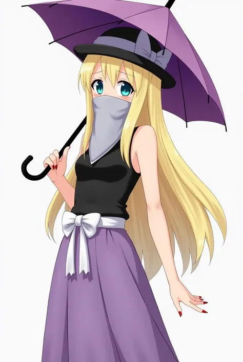 anime style 
woman
Light grey bandana in the mouth 
covered mouth with light grey bandana 
Mouthkerchief 
Mouth-kerchief 
Light grey Bandana kerchief in the mouth 
covered nose
Light grey bandana in the mouth cowgirl 
Tied with light grey bandana
black hat...