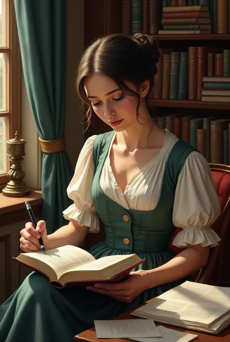 A young woman sitting in a cozy room surrounded by books, reading intently. She is dressed modestly in the late 19th century style, showing focus and determination. There are books and papers scattered around her, symbolizing her thirst for knowledge and e...