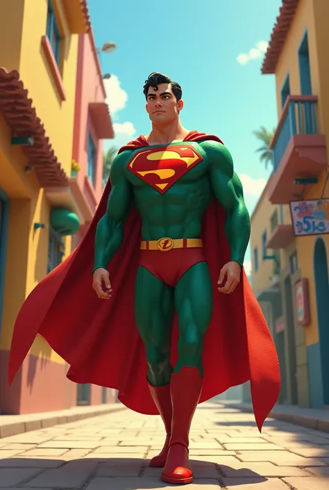 It generates an image of Superman if he were Mexican, adapting the character with brown skin and ethnic traits of an 18-year-old Mexican man and adding Mexican elements to his costume with green and red colors. And with Pixar design in 2d