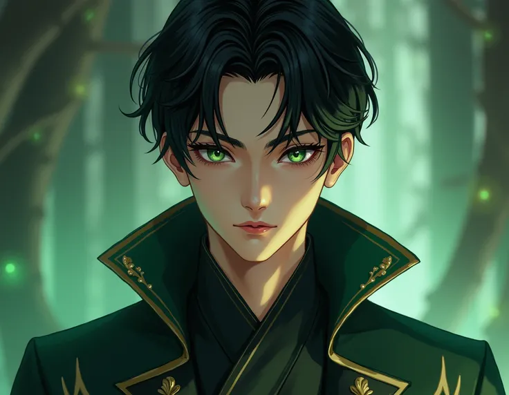  A young man of Korean nationality , tall and with fine features ,  whose beauty is undeniable .  Her green eyes shine brightly ,  contrasting with his dark and short hair ,  slightly messy .  He wears clothes that combine the elegance of a sorcerer with t...