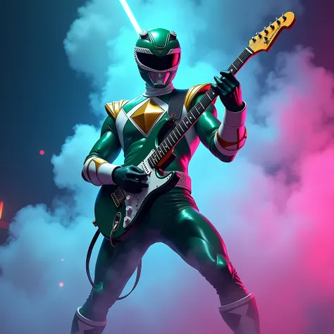 Green Power Ranger with his gold chest holding an electric guitar surrounded by smoke and neon blue and magenta lights.