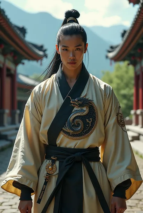 Create a Shaolin kung fu character who wears black hair tied with a black ribbon around his head and who wears the symbol of yin jang and who wears a black dragon in his clothes