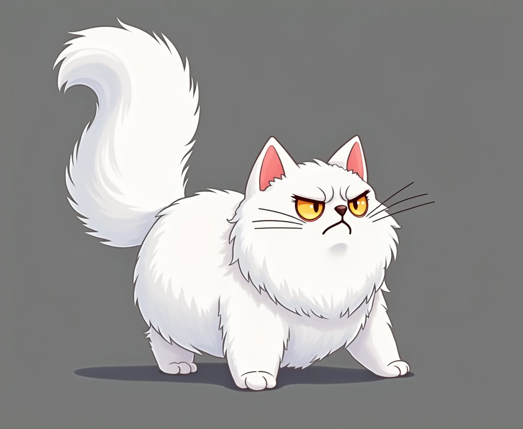 A cartoonish, white Persian cat is the central figure.  The cat is positioned slightly off-center to the left of the image, and its body is oriented toward the viewer. It is a medium sized, plump, fluffy Persian. The cats fur appears thick and voluminous, ...