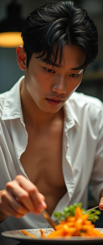  handsome korean young man ,  master chef ,  cooks very expertly,  with fresh grocery ingredients, television advertising concept, movie poster style, plating food ,  sweaty sexy and glowing face, with open shirt buttons ,  exposing her sexy chest 