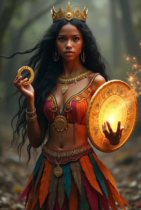 Aboriginal girl      , mixed race.  , long black hairs  ,  dressed with multicolored feathers       ,     crown a gold ring with a symbol in your hand  ,        on the other hand a large shield of light     ,    and a gold medal    