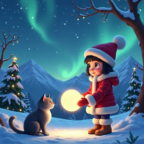   crystal ball close-up cat visible snow Northern lights and snowy mountains ,   reindeer Christmas tree   , new year&#39;s garland  ,    Very pretty girl looking at crystal ball in hand   ,    Girl wearing hat and warm fur gloves Girl wearing warm jacket ...