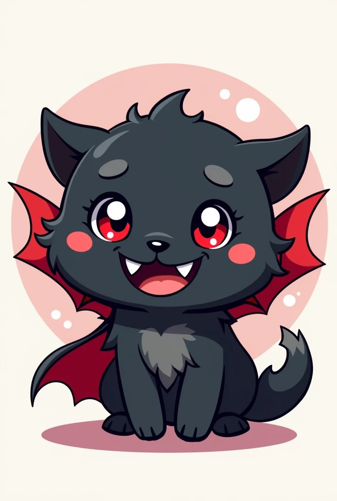 Chibi,  illustrated logo ,  medium short flat , Emote for TikTok , eyes, vampire, black fur,  smiling.