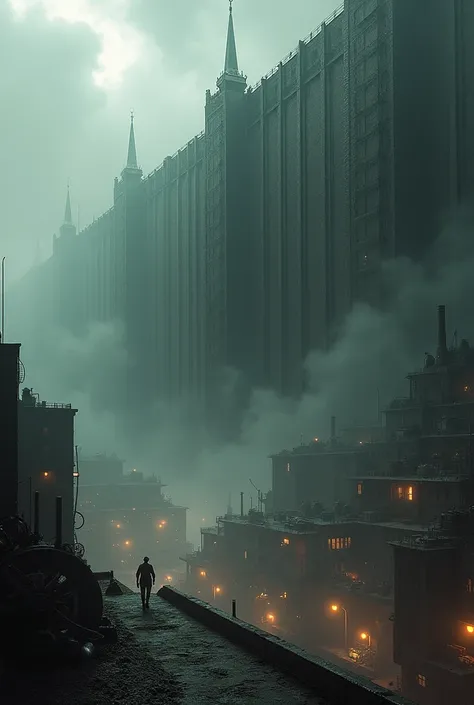 Make an image of a giant iron wall surrounding a steampunk and dieselpunk city in a dark atmosphere 