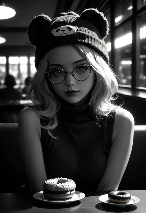 Highly realistic, photorealistic, life-like, epic perspective, dramatic lighting and shadows, aesthetically pleasing cinematic composition, 8k hd, there is a sexy and alluring adorably cute woman that is holding a doughnut in a restaurant, wearing small ro...