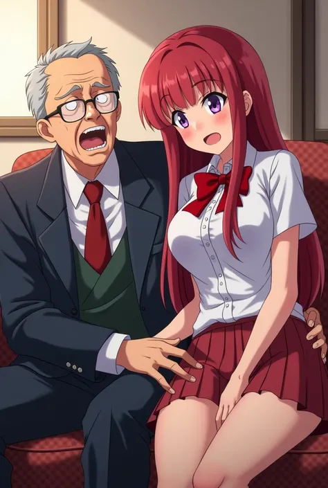 Maki Nishikino in anime-style school uniform sitting on a sofa next to her a 70-year-old man, The man is touching Makis left thigh 