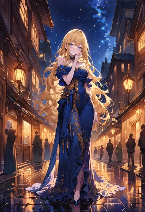 masterpiece,highly detailed, ((best quality, ultra-detailed)), perfect anatomy, ((High detailed, detailed background)),woman, long flowing blonde hair, soft blue round eyes, flushed cheeks with nervous smile, pale skin, light blue off-shoulder dress, hand ...