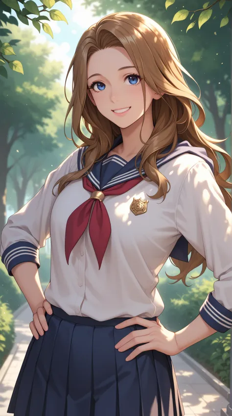 A girl, Imari Kurumi, hood friend, cute, gentle, friendly, long hair, brownish hair, high school uniform, smiling, outdoor morning scene, soft sunlight, warm atmosphere, energetic, hands on hips, protagonist-like aura, detailed facial expression::1.5