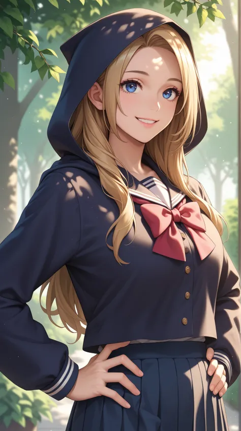 A girl, Imari Kurumi, hood friend, cute, gentle, friendly, long hair, brownish hair, high school uniform, smiling, outdoor morning scene, soft sunlight, warm atmosphere, energetic, hands on hips, protagonist-like aura, detailed facial expression::1.5