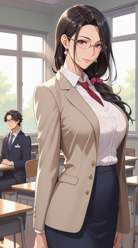 Mature woman, Takashiro Hiroko, art teacher, beautiful, gentle, elegant, high school teacher appearance, long hair, brownish or black hair, glasses, warm smile, professional vibe, artistic atmosphere, standing by an easel, high school campus, sunlight-fill...