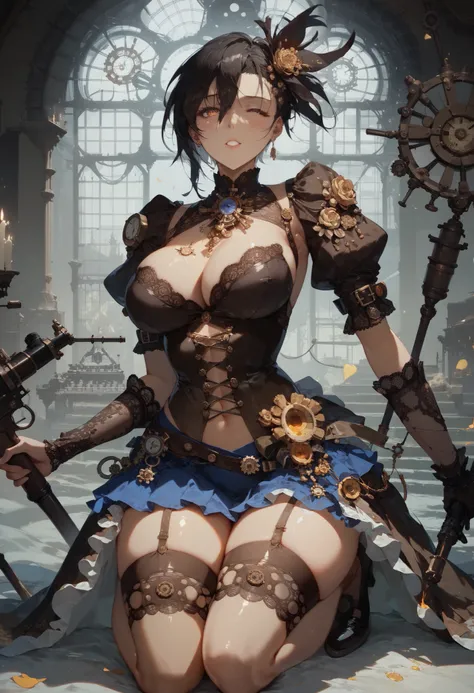 score_9, score_8_up, score_7_up,,very large neckline,,Yoji Shinkawa art style,,darkest dungeon style art, dark souls style art,,epic atmosphere, saturate colors,a sexy steampunk with a aiming kneeling from the top of a ledge with long steampunk sniper, ver...