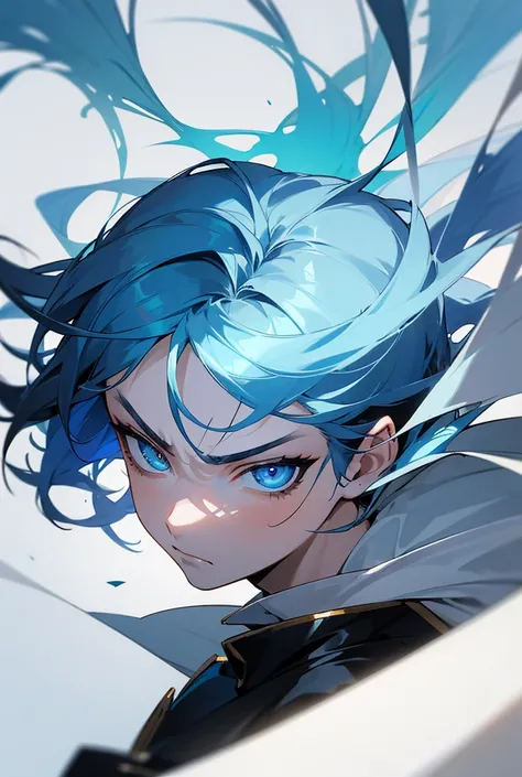 a boy with blue hair hair, golden eyes both eyes, show just the face, with a black and white fantasy-like background. fierce look