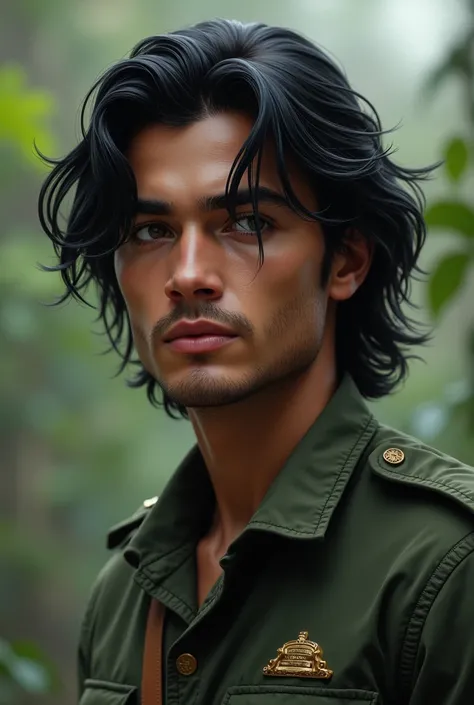 man, 23 years old, military, black and straight and medium hair and on the face,  dark green eyes. realistic . Hair with gradient. no beard, Brazilian and young