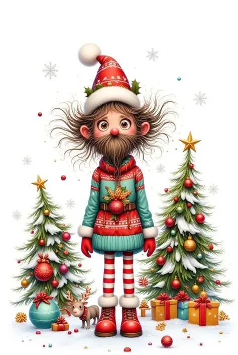 Digital Illustration，Red gloves, beard, beard, indoors,  unique ,  actual , Mad Tom,  red shoes, Christmas tree,  permanent, stripe, christmas ornaments，It&#39;s snowing