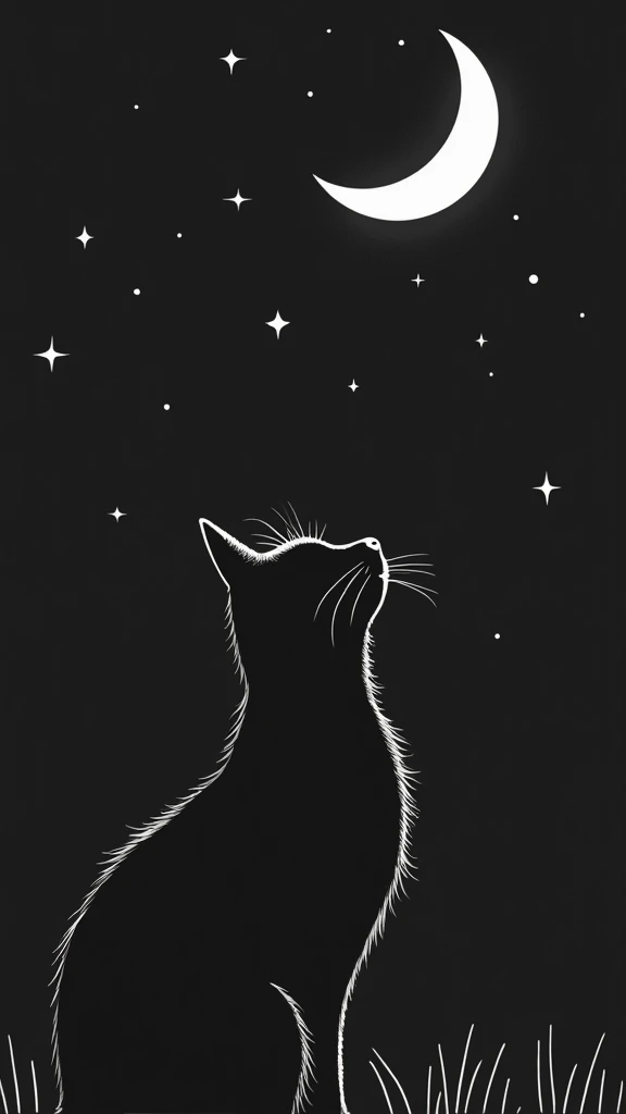 A black cat, depicted as a silhouette in a line drawing style, is looking upward at the moon and stars. The cats head and body are visible, with its body positioned slightly angled towards the viewers right side of the frame. The cats fur detail is represe...