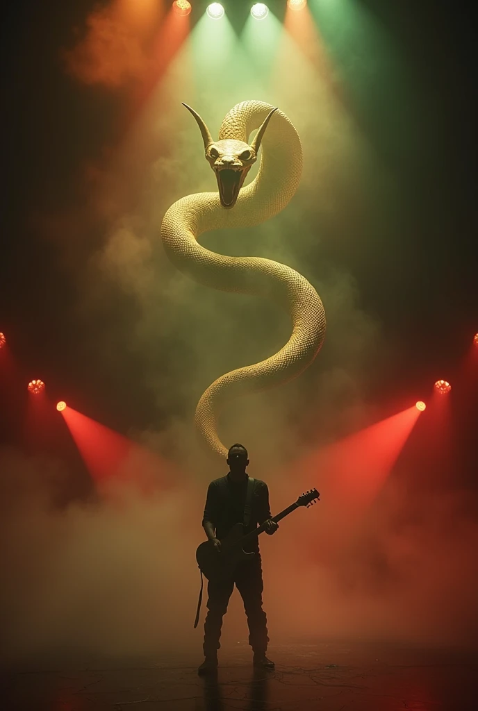  Create a large smoky stage where one exists the silhouette of a man with a guitar,  behind it a large naja snake made of gold with a frightening appearance , minimalist image, there are several lights in shades of red , green and yellow