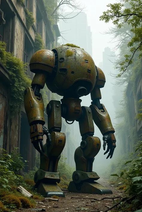  An ancient huge robot in the thicket of the forest, moss-covered ,Rust, remnant of war ,  leaning on a destroyed building , Bullet marks, against the background of a war-torn metropolis that is being captured by nature,combat robot , against the backgroun...