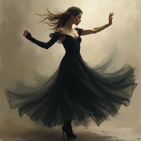 create an image of a beautiful young caucasian woman paso doble dancer, use smudged blurred colored charcoal techniques, the image should flow and dissipates into a dark fog, dark fog in the background in the style of Luis Royo, rendered image, 8k, trendin...