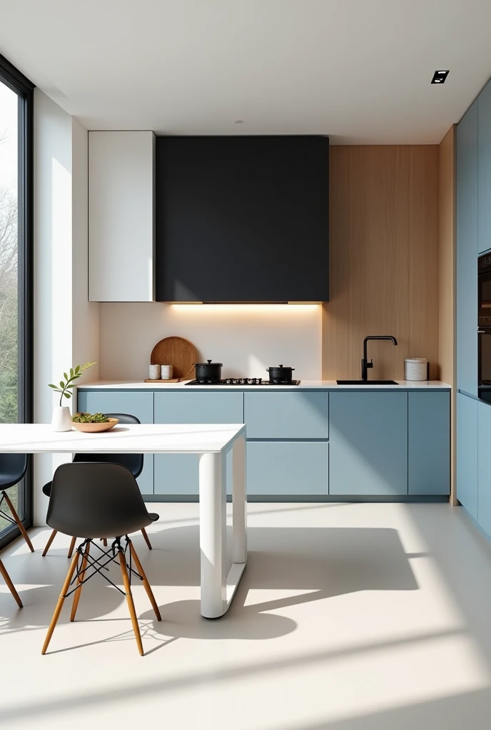 Kitchen in white, black and with wooden details, with cabinets in light blue and with a white table