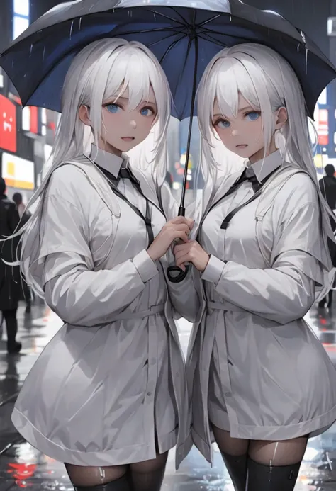 ,twin,White hair,stocking, Mature Woman ,rain,Night City