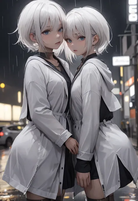 ,twin,White hair,stocking, Mature Woman ,rain,Night City