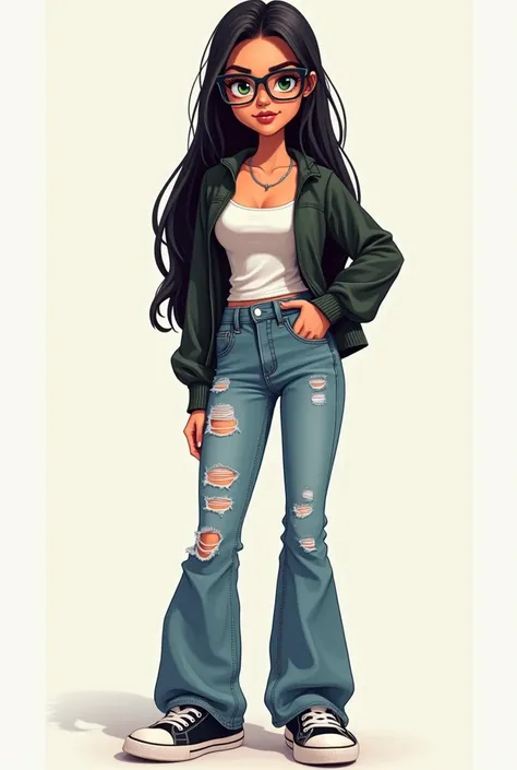  Cartoon of a 39-year-old woman Poel Blanca , long straight black hair,  has expressive green eyes , She wears black eyeglasses ,  has a cuvilinear body her clothing is wide ripped jeans top body and sneakers she is very beautiful 