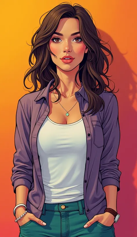 Discreet image of an adult American woman in casual clothing, with a discreet smile. The woman is depicted in a comic book style. The background features vibrant colors to add energy and contrast to the character. The image should balance subtlety in the c...