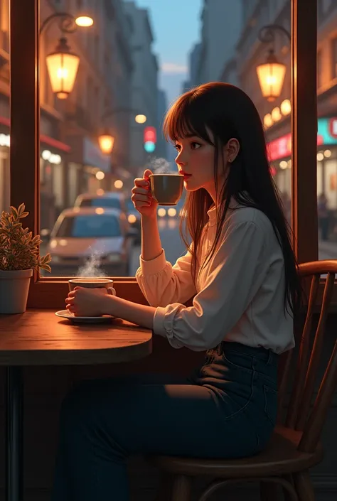 Through the glass with evening lights, a brunette girl in a cafe drinks coffee