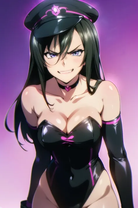 beautiful, masterpiece, ultra detailed, extremely detailed, ultra high res, 8k, beautiful detailed face, anime screencap, heart shaped face woman, (black hair:1.2), long hair, hair between eyes, large breasts, fearless face, sharp face, slant eyes, cat eye...