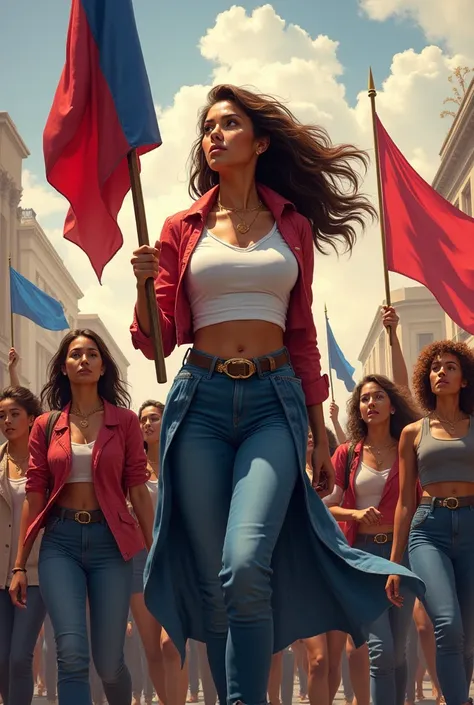 A portrait of a brave woman leading a group of diverse women in protest. She stands at the forefront, holding a flag symbolizing women’s rights, with other women walking behind her, all showing unity, strength, and determination. The background is a symbol...