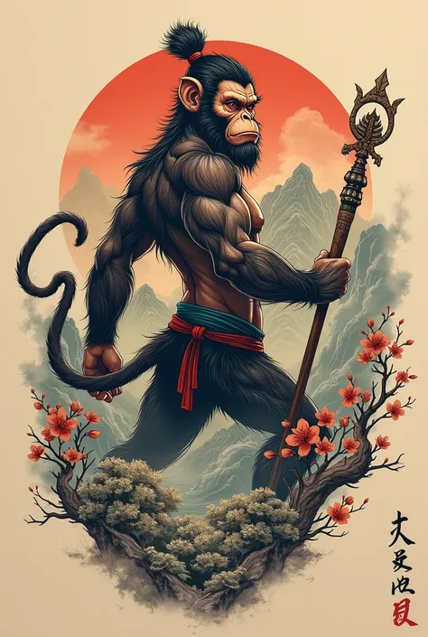  Monkey king tattoo with landscape for closing the back, a Chinese style tattoo 