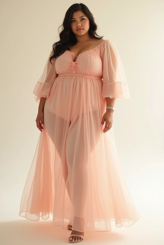 Un vestido simple con mangas largas y volados de tulle pastel pink. For woman plus size pale skin posing over light background 