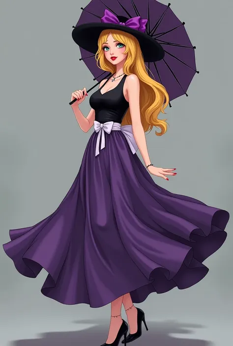 woman
black hat fashion 
black hat with purple bow bun 
white waist ribbon with bow bun 
yellow hair
long hair
turquoise eye
black tank top
long purple skirt 
long skirt
covered legs with long skirt 
covered feets with long skirt 
over the legs and over th...