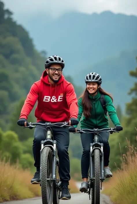  Real photo of a handsome and beautiful Indonesian married couple ,  wearing sports hoddie clothes ,  red color with inscription B&E , Green woman ,  riding a mountain bike , background of a beautiful and amazing natural mountain road, real photo, detail, ...