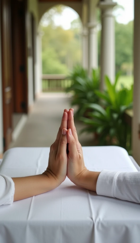 an ultra realistic photo of hands in a prayer position. Its a first-person photo . The place is a simple house ,  of a table with a white fabric stretched over it ,  this table is on the porch with the wall of the house on one side and on the other side yo...