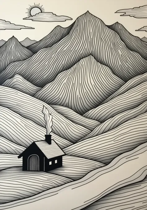 A black and white line drawing depicts a landscape.   Rolling hills with intricate line patterns create a sense of depth and texture.   A small, simple house is nestled in the valley, situated on one of the hills. Smoke rises from the houses chimney, addin...