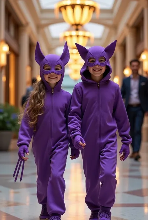  boy and girl,wearing a purple wolverine costume ,Not wearing a mask ,The appearance of a smiling face, walking together , luxury mall room background , fancy lamp ,man walking ,realistic image,HD quality,full anggle