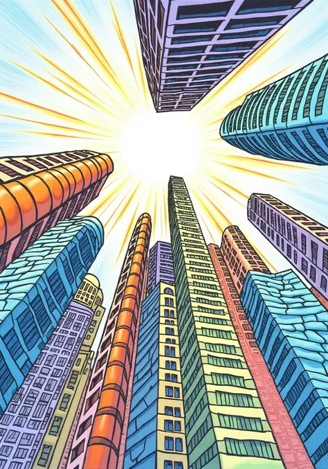 A detailed drawing of a city skyline viewed from below.  Many tall buildings, various shades of colors including orange, blue, green, purple, and yellow, are densely packed together.  The buildings feature repeating patterns of lines and shapes, creating a...