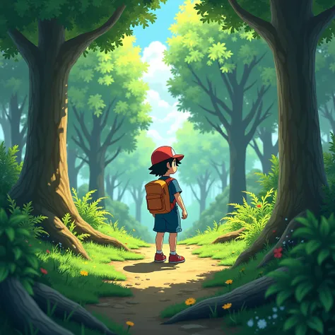 Make an image of Ash ketchum in the forest 