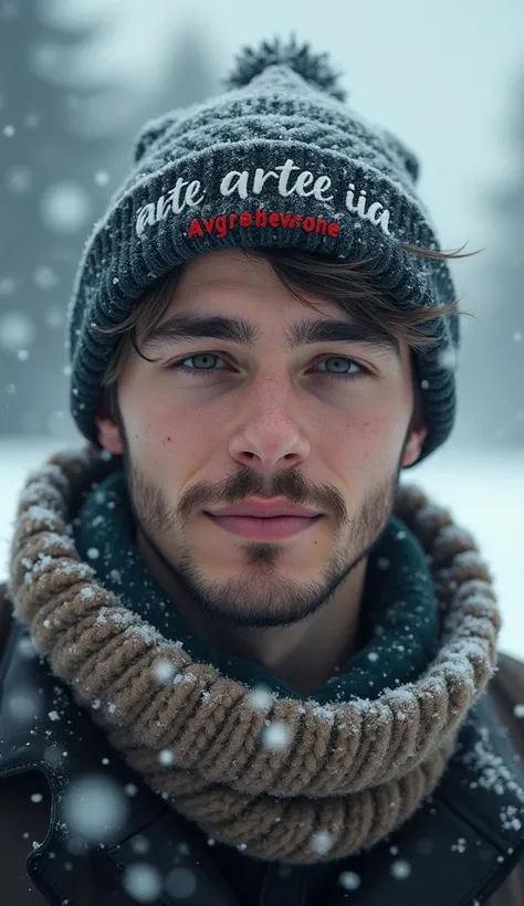 a young man, about 30 years old, wearing a hat written "ARTES DE IA" and scarf in the snow, shutterstock, digital art, cute young man, in a storm, looking FRONTwards, bokeh top cinematic lighting