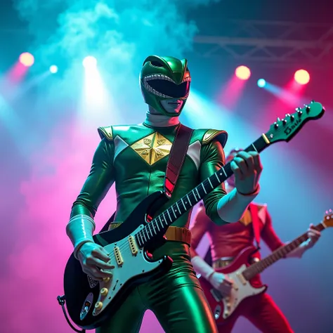 Green Power Ranger with his gold chest holding an electric guitar surrounded by smoke and neon blue and magenta lights, He is accompanied by the Red Ranger playing the guitar at a recital. can