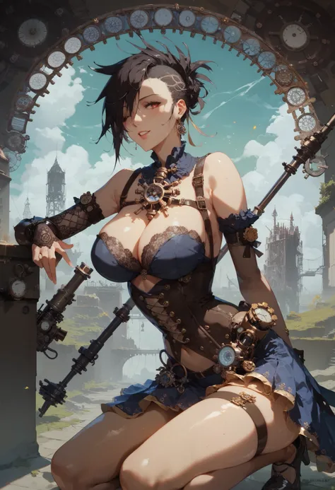 score_9, score_8_up, score_7_up,,very large neckline,,Yoji Shinkawa art style,,darkest dungeon style art, dark souls style art,,epic atmosphere, saturate colors,a sexy steampunk with a aiming kneeling from the top of a ledge with long steampunk sniper, ver...