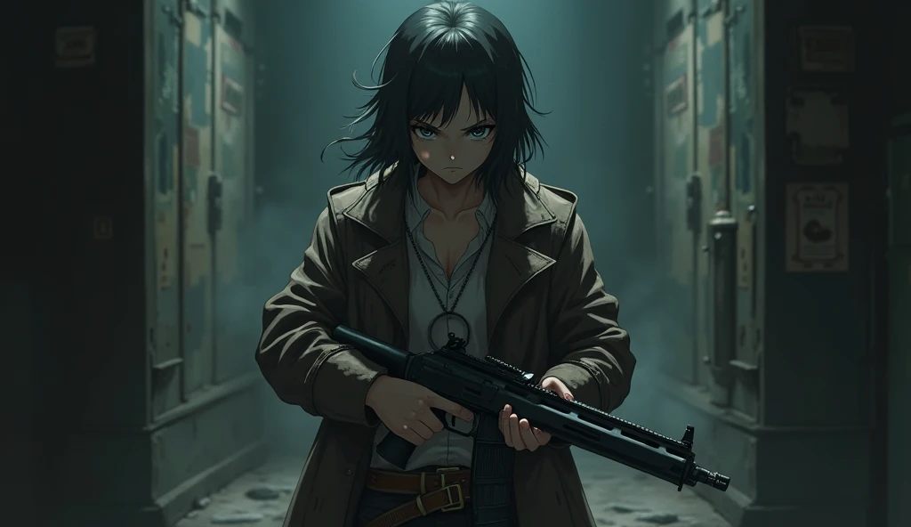  Heres the anime-style character in a dark setting, with ripped clothes, serious expression and holding a firearm 

