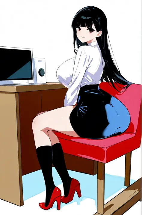 1 girl,  smiling, ((pretty face)),large breasts  ,  slim waist ,  wide hips, large butt,(fullbody view),on a chair,(side view),((White blouse)), (black short skirt),(short black hair),blunt bangs ,high red heels, Closed mouth , red eyes,long black socks