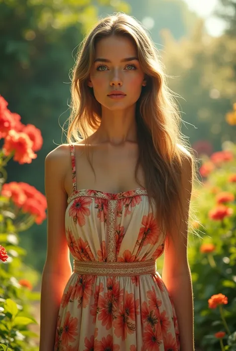 a beautiful girl in a garden, elegant,skinny body, full body, graceful posture, long flowing hair, piercing blue eyes, delicate facial features, wearing a floral dress, natural sunlight, lush greenery, vibrant colors, (best quality,4k,8k,highres,masterpiec...