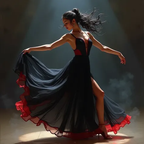 create an image of a beautiful young caucasian woman paso doble dancer, her black see-through chiffon dress has red trim, red g-string visible, long wavy black hair in a messy top knot ponytail, use smudged blurred colored charcoal techniques, the image sh...